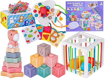Великий набір 34 елементів пірамідки та брязкальця для малюків для ігор та навчання Розвиваючий куб з формами гумовими кубиками