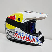 Кроссовый мото шлем эндуро Red Bull white gloss с очками в комплекте