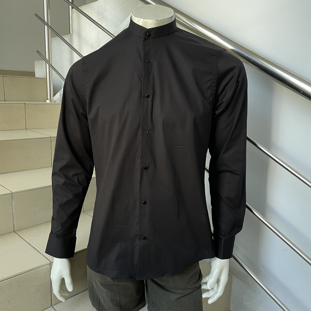 Сорочка Aristino чоловіча класична однотонна стійка стрейч кнопки 44 чорний, фото 1