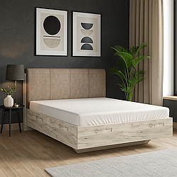 Півтораспальне красиве сучасне одномісне ліжко Кім 120*200 см з м'яким узголів'ям для спальні з дсп дуб крафт білий/сан ремо