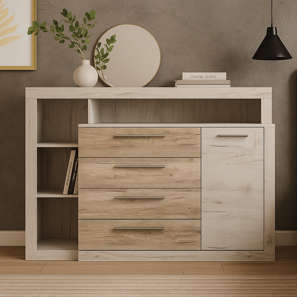 Великий високий довгий комод тумба 1Д4Ш 160 см з відкритими полицями і шухлядами в спальню ДСП Кім Мебель Сервіс