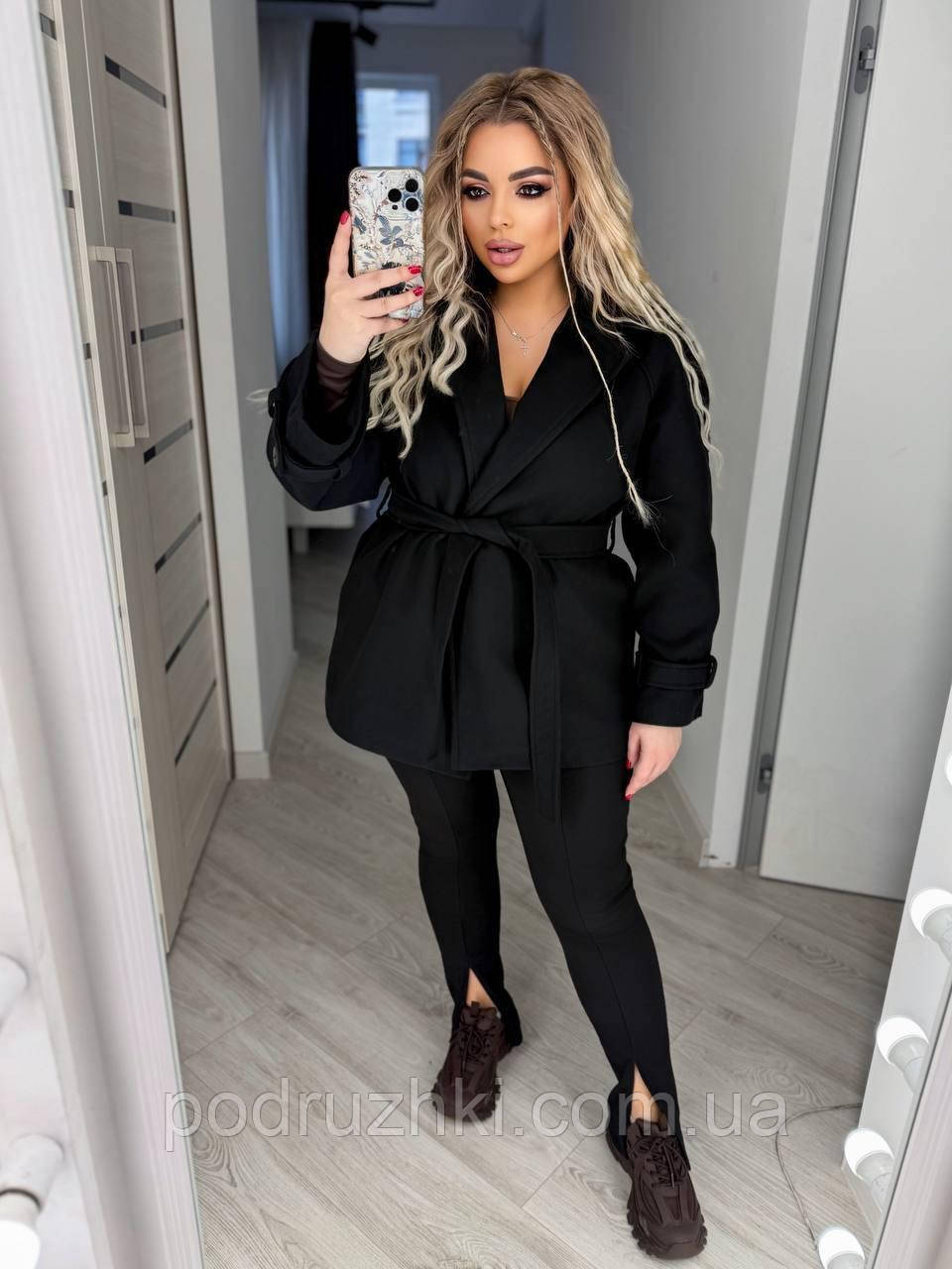 Жіноче кашемірове пальто з поясом, розміри 42-48, 50-54, фото 1