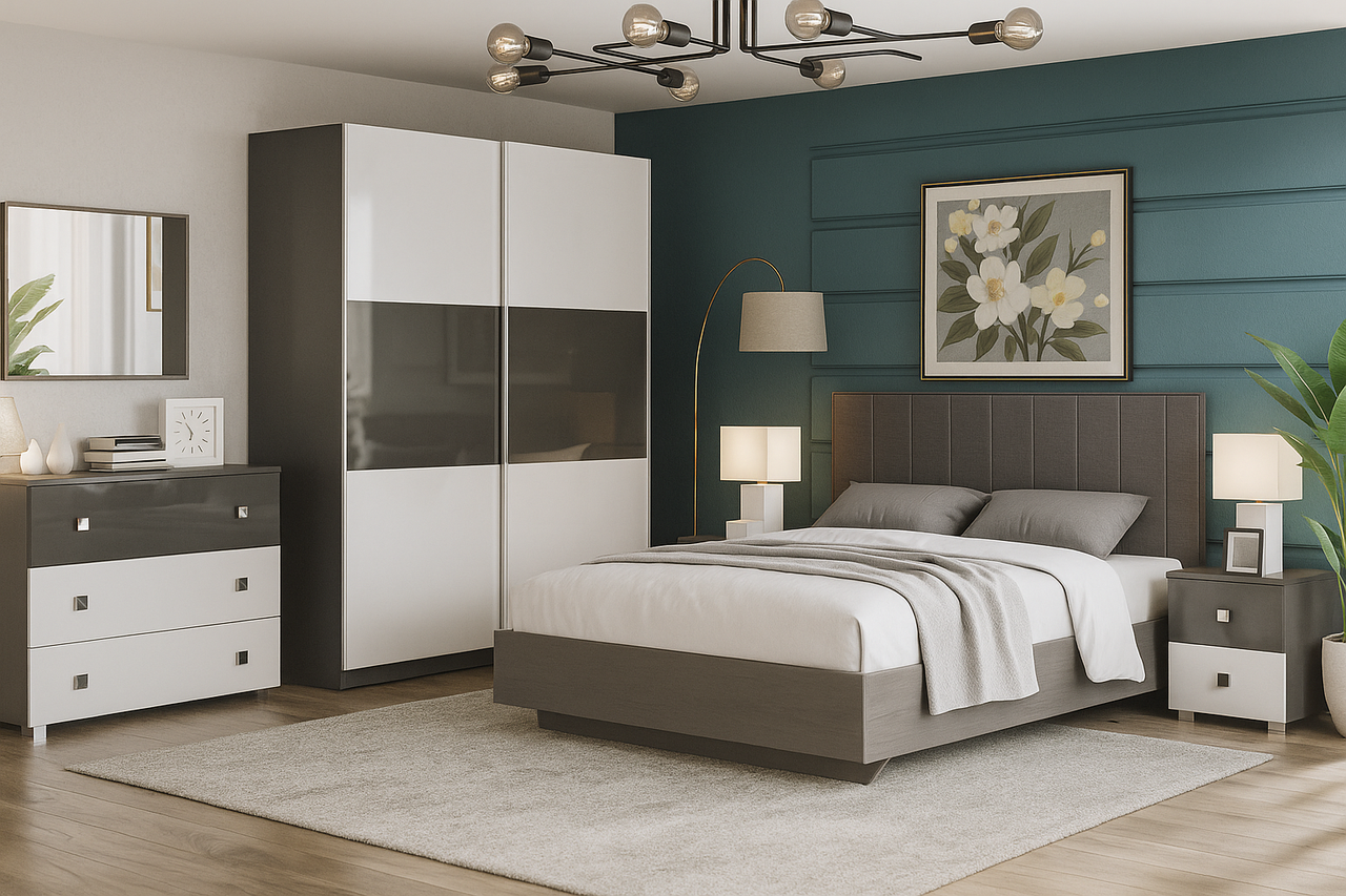 Стильна сучасна модульна спальня сіро біла глянець з шафою купе та комодом модерн Лондон Мебель Сервіс