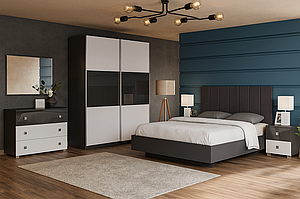 Модульні меблі в спальню комплект Лондон з ліжком шафою комодом дзеркалом та приліжковими тумбами графіт сірий/білий