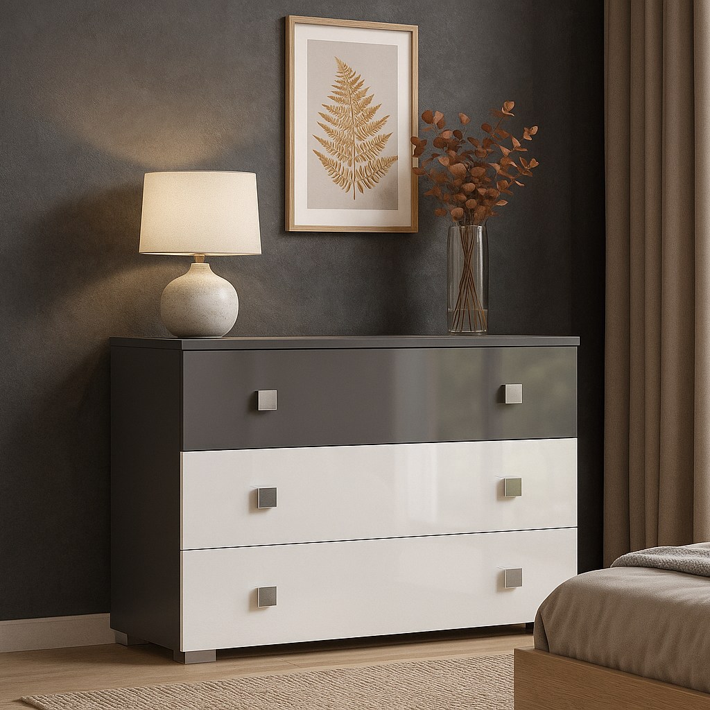 Невеликий сучасний комод 3Ш Лондон з ДСП в спальню 109*80 см з трьома висувними шухлядами графіт сірий/білий, фото 1