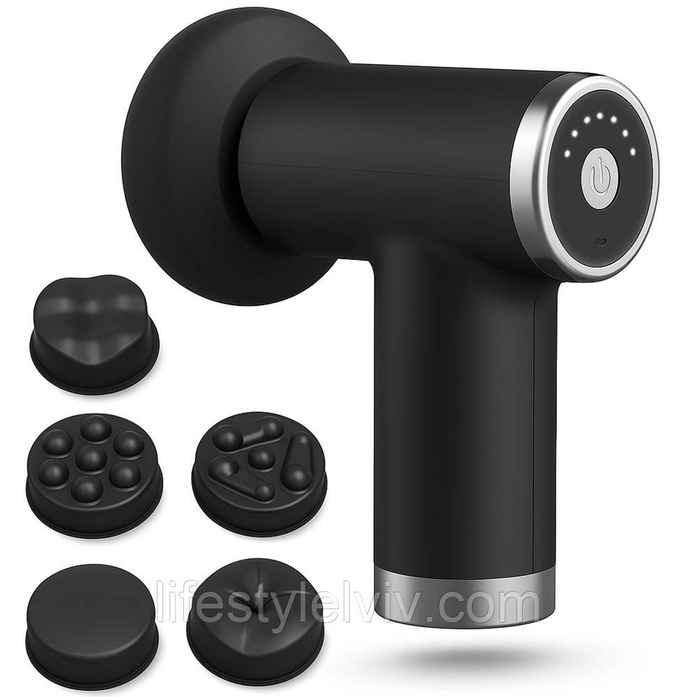 Ручний масажер для тіла + 5 насадок, з USB, Чорний/антицелюлітний масажер акумуляторний/Вібромасажер, фото 1