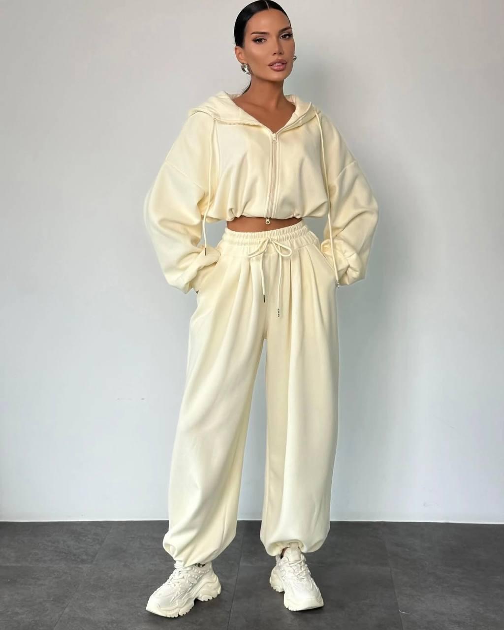Жіночий костюм oversize з худі та штанами сливочное масло, фото 1