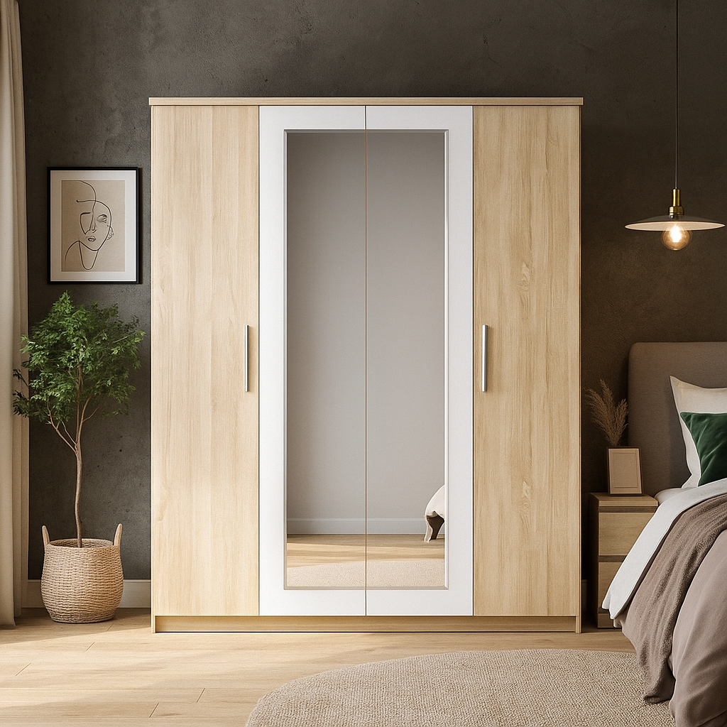 Стильна розпашна платтяна чотирьохдверна шафа 2 метри з дзеркалом у спальню дуб сонома Маркос Мебель Сервіс