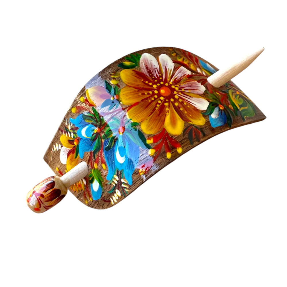 Заколка-китай "Хвиля коричнева" з Петриківським розписом 9,5*4,5 см.