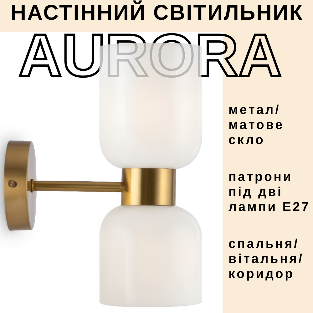 Бра настінний світильник Edlin Aurora E27 2x12W латунь плафони матове скло, фото 1