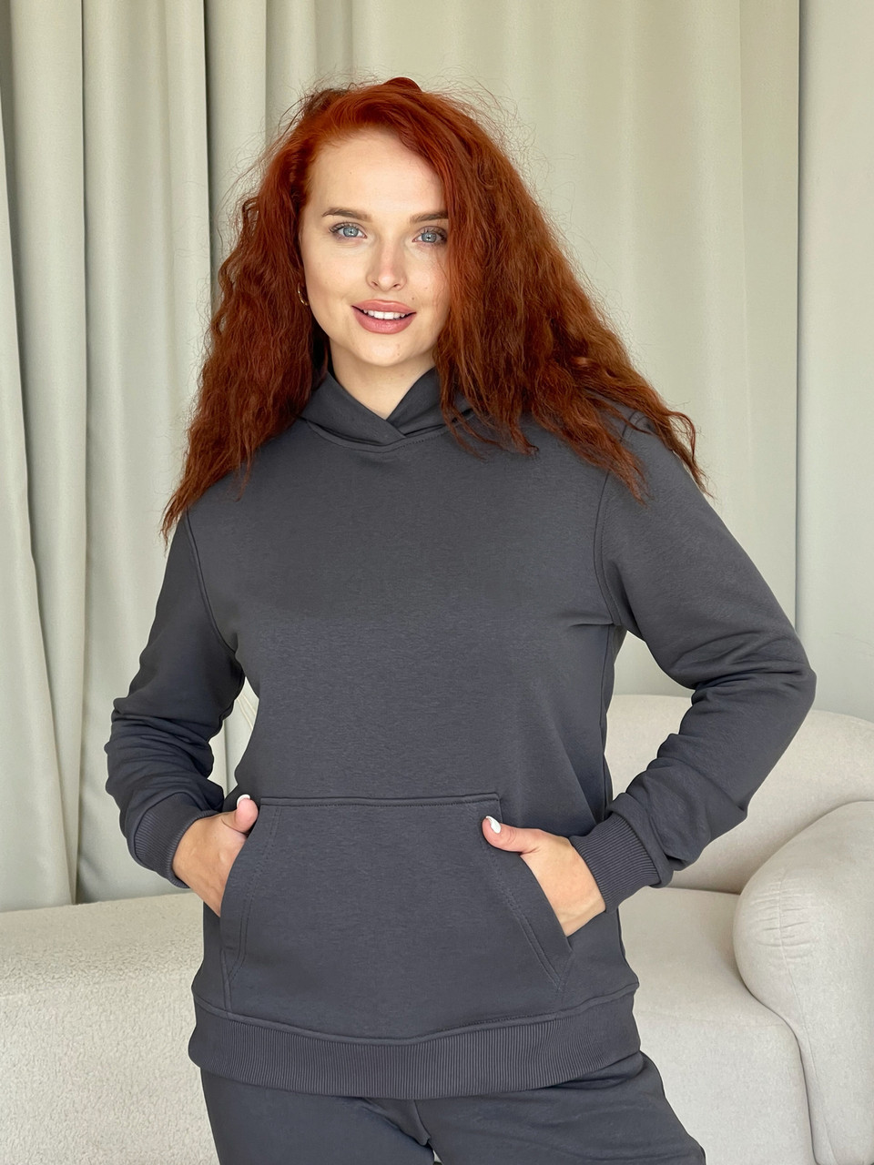 Жіноче худі оверсайз осіннє весняне сіре Кофта з капюшоном бавовняна, фото 1