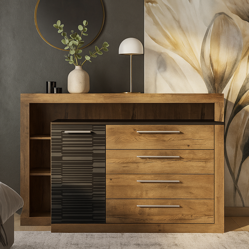 Широкий красивий стильний комод 1Д4Ш з відкритими полками та 4-ма шухлядами для одягу та білизни з ДСП в спальню Фієста 161*107 см, фото 1