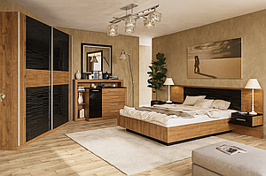 Комплект сучасних стильних меблів в спальню з шафою купе ліжком тумбами комодом та дзеркалом спальний гарнітур Фієста