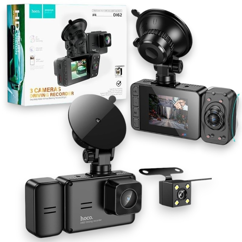 Автомобільний відеореєстратор HOCO DI62 Warrior 3-камерний з Wi-Fi, 720p фронт/480p зад/480p салон, 2" дисплей, фото 1