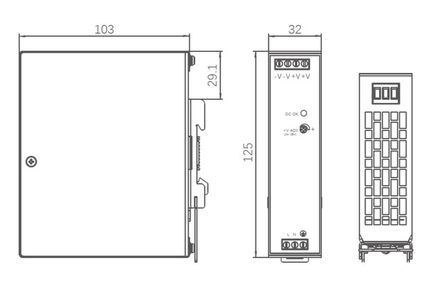 Промышленный блок питания на DIN-рейку, 75 Вт, 12В постоянного тока, тип NLD Габаритные размеры Промышленный блок питания на DIN-рейку, 75 Вт, NLD