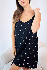 Нічна Муслінова Жіноча сорочка на бретелях S-3XL ЧОРНА В СЕРЦЯ 211