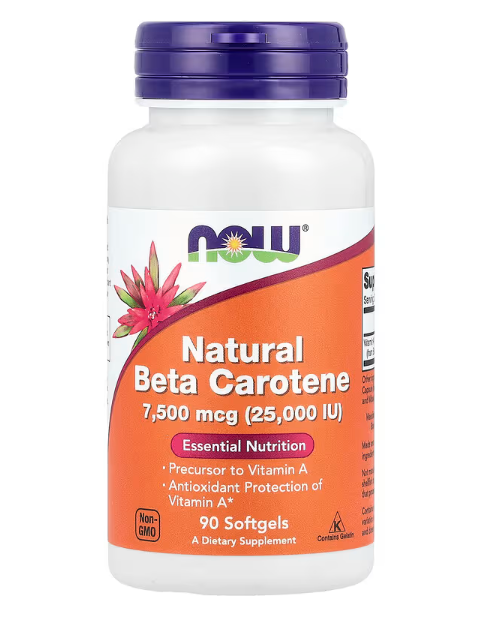 Натуральний бета-каротин (Natural Beta Carotene) 7500 мкг (25 000 МЕ) NOW Foods 90 капсул, фото 1