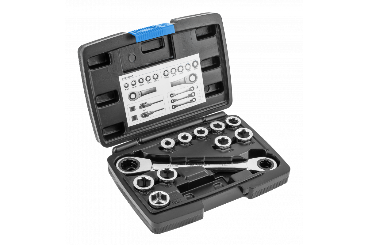 Універсальний торцевий ключ із тріскачкою та 11 насадками Hogert для ремонту (HT1R490), фото 1