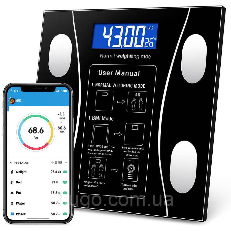 Ваги підлогові розумні Bluetooth до 180 кг A-8003, Чорні / Електронні смарт фітнес ваги з додатком, фото 1