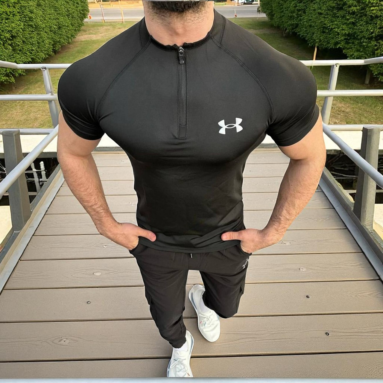 Чоловіча футболка Under Armour з коротким рукавом для спорта Чорний рашгард безрукавка андер армор на змійці для тренувань, фото 1