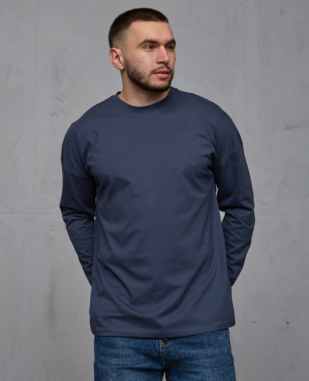 Лонгслів чоловічий oversize футболка з довгим рукавом Hector однотонна темно-синій