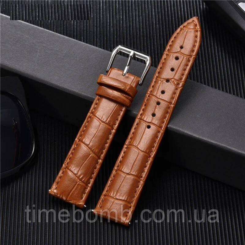 Шкіряний ремінець для наручного годинника 18 мм світло-коричневий з тисненням