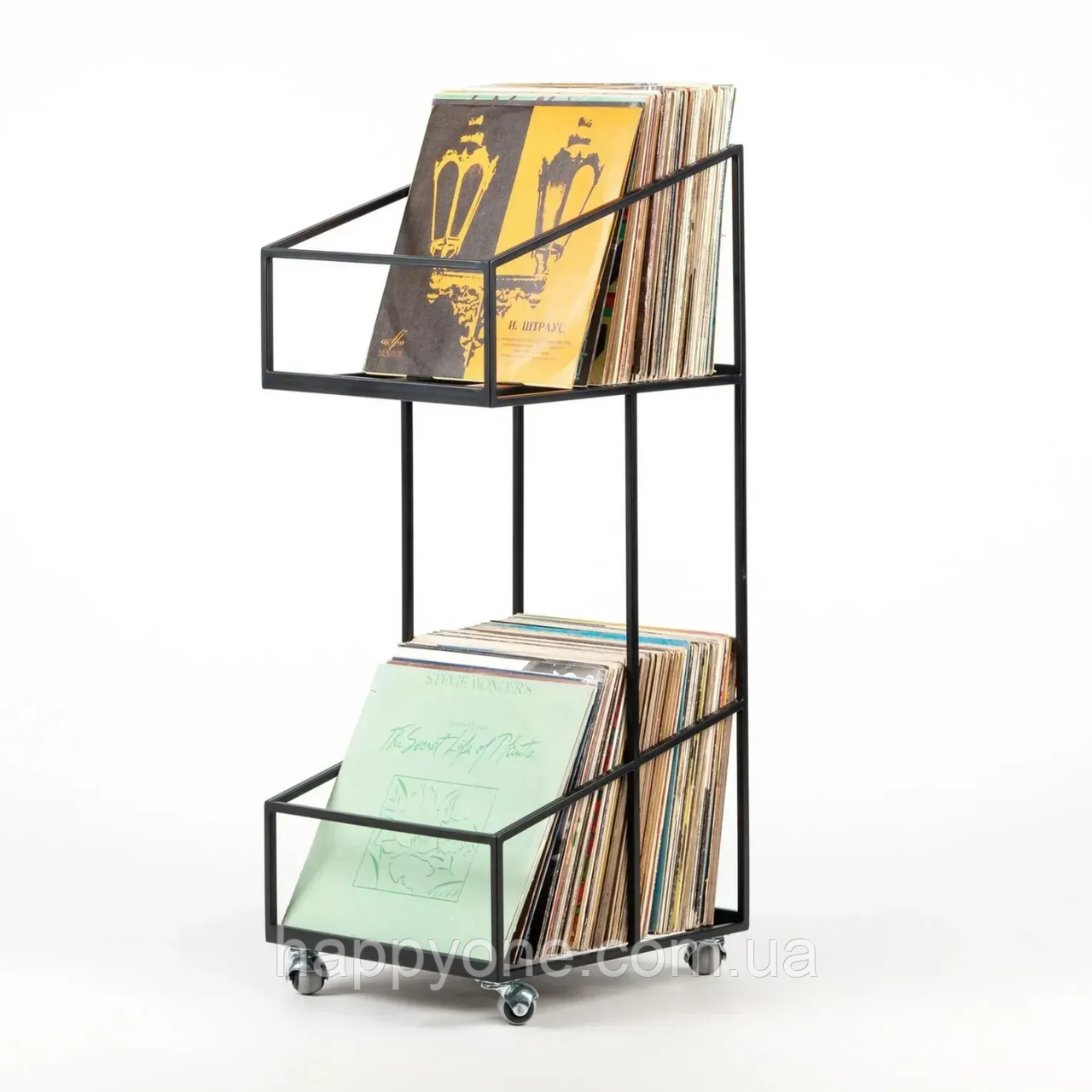 Дворівневий контейнер для платівок (на коліщатках), чорний, фото 1