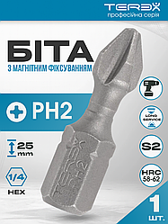 Біта Terex  PH2 х 25 мм з шестигранним хвостовиком 1/4", намагнічена, сталь S2