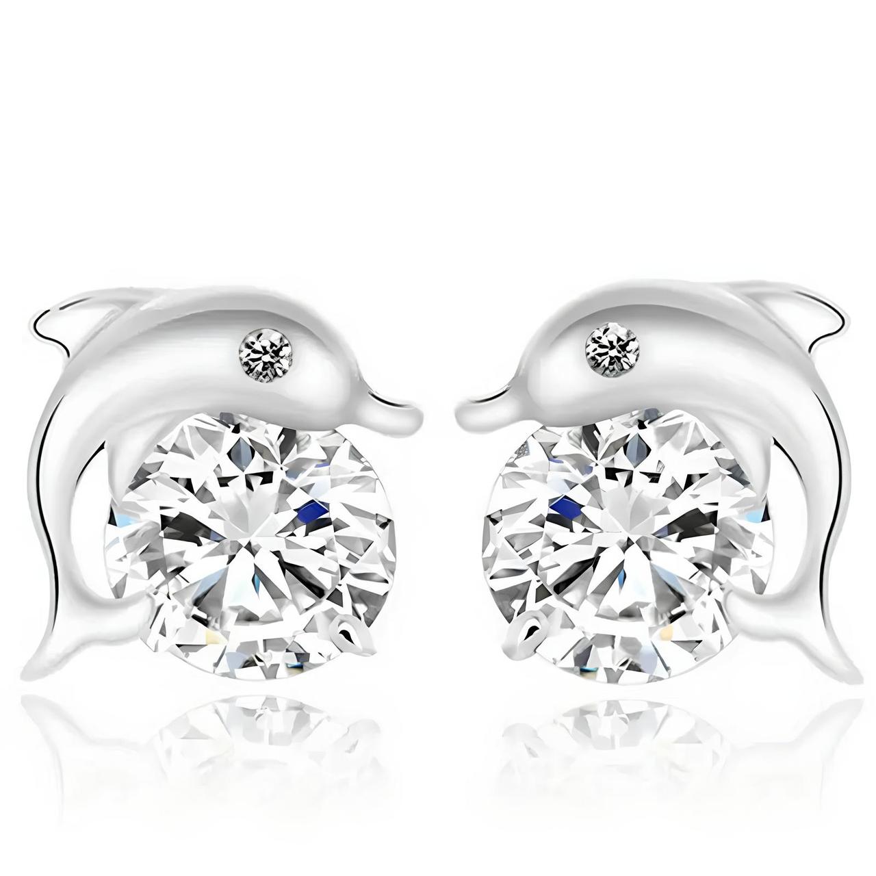 Сережки жіночі дельфіни з білим каменем фіанітом сріблясті 7 мм AurumLux011, фото 1