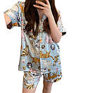 Жіноча піжама-трійка комплект 3 в 1сорочка штани та шорти шлейкова піжама з котиками для сну та вдома, фото 3