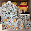 Жіноча піжама-трійка комплект 3 в 1сорочка штани та шорти шлейкова піжама з котиками для сну та вдома, фото 4