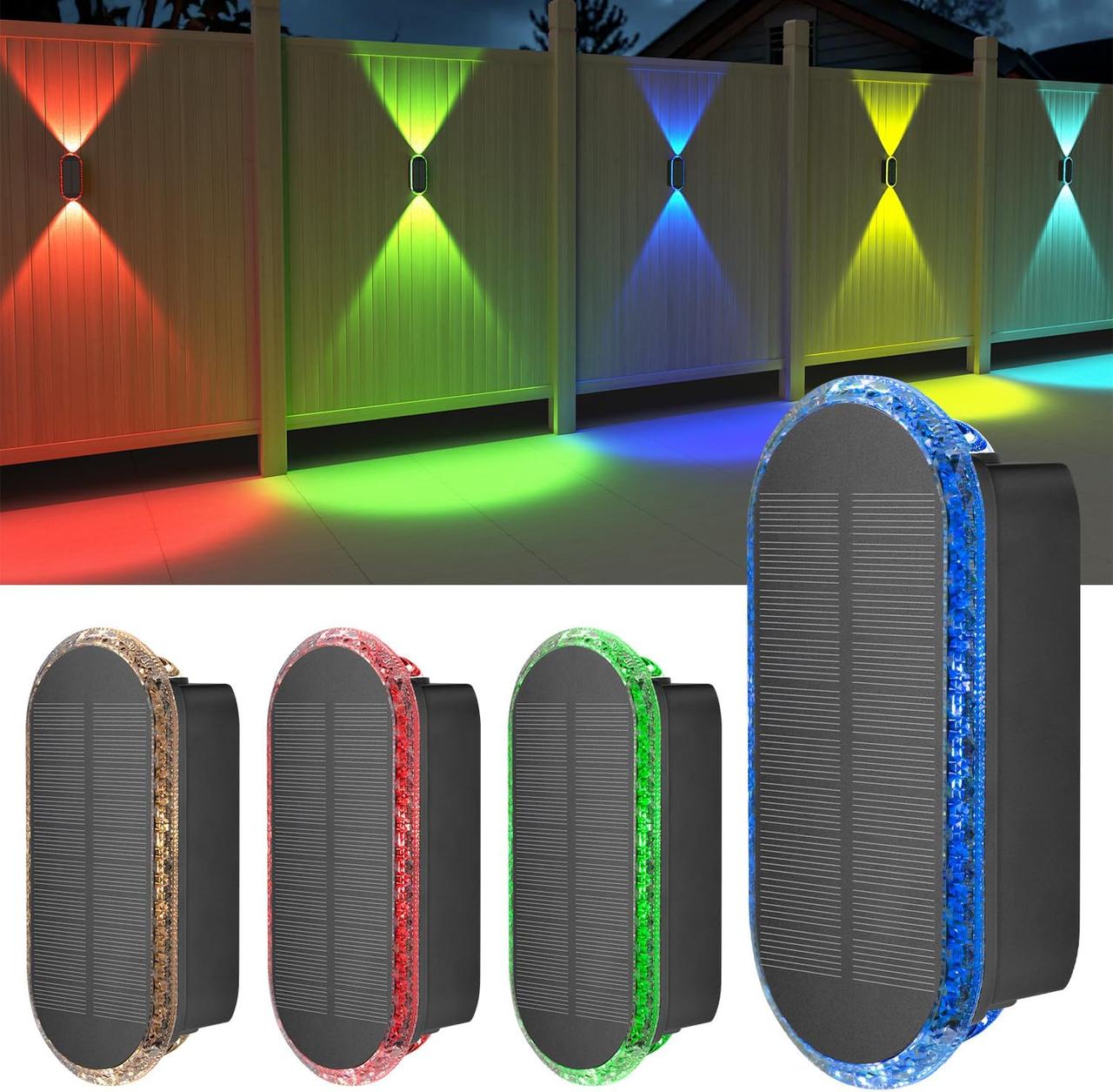 Ellasay Вуличний світильник, 4 упаковки для паркану, сонячні світильники, 8 колірних режимів WRGB, вгору та вниз, водонепроникні, фото 1