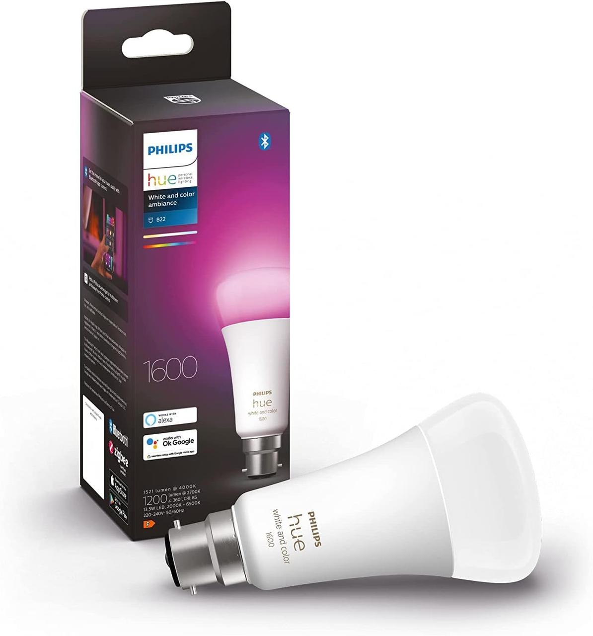 СТОК смарт лампочка Philips Hue White & Colour Ambiance Single Smart Bulb LED [B22 Bayonet Cap] – 1600 люмен (еквівалент 100 Вт), фото 1