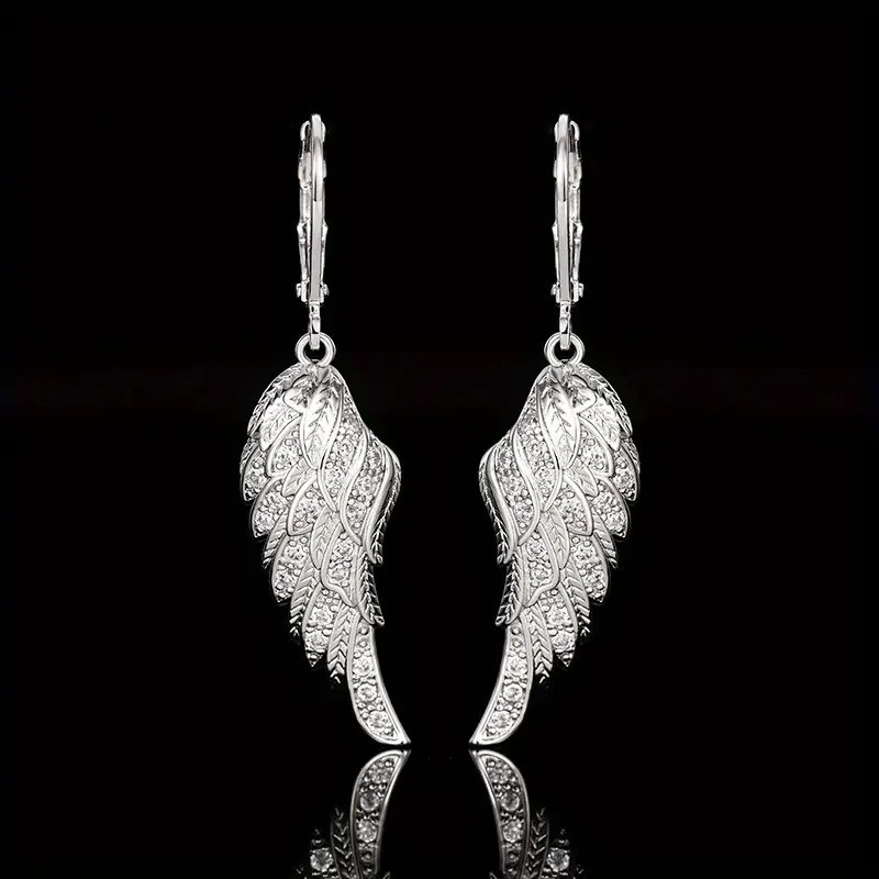 Сережки-кільця жіночі Ангельські крила сріблясті з кубічними каменями 4.5 см AurumLux018, фото 1