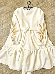 Сукня дитяча молочне з вишитими колосками на рукавах розміри 128