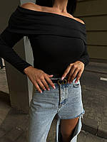 Жіночий лонгслів з відкритими плечима, 42-44; 46-48, чорний, лео, мікромасло Туреччина