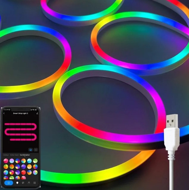 Гнучкий неон 5 метрів usb, bluetooth Неонова світлодіодна LED стрічка з пультом і керуванням через смартфон, фото 1