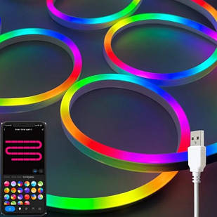 Гнучкий неон 5 метрів usb, bluetooth Неонова світлодіодна LED стрічка з пультом і керуванням через смартфон