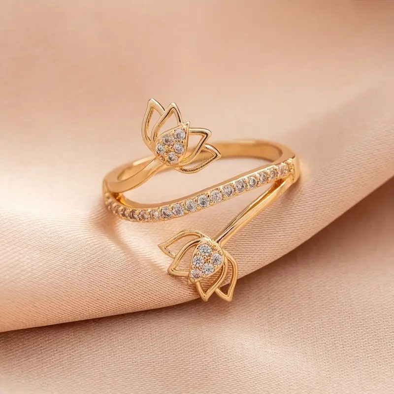 Каблучка золотиста жіноча у вигляді двох лотосів розмір 17 AurumLux026, фото 1