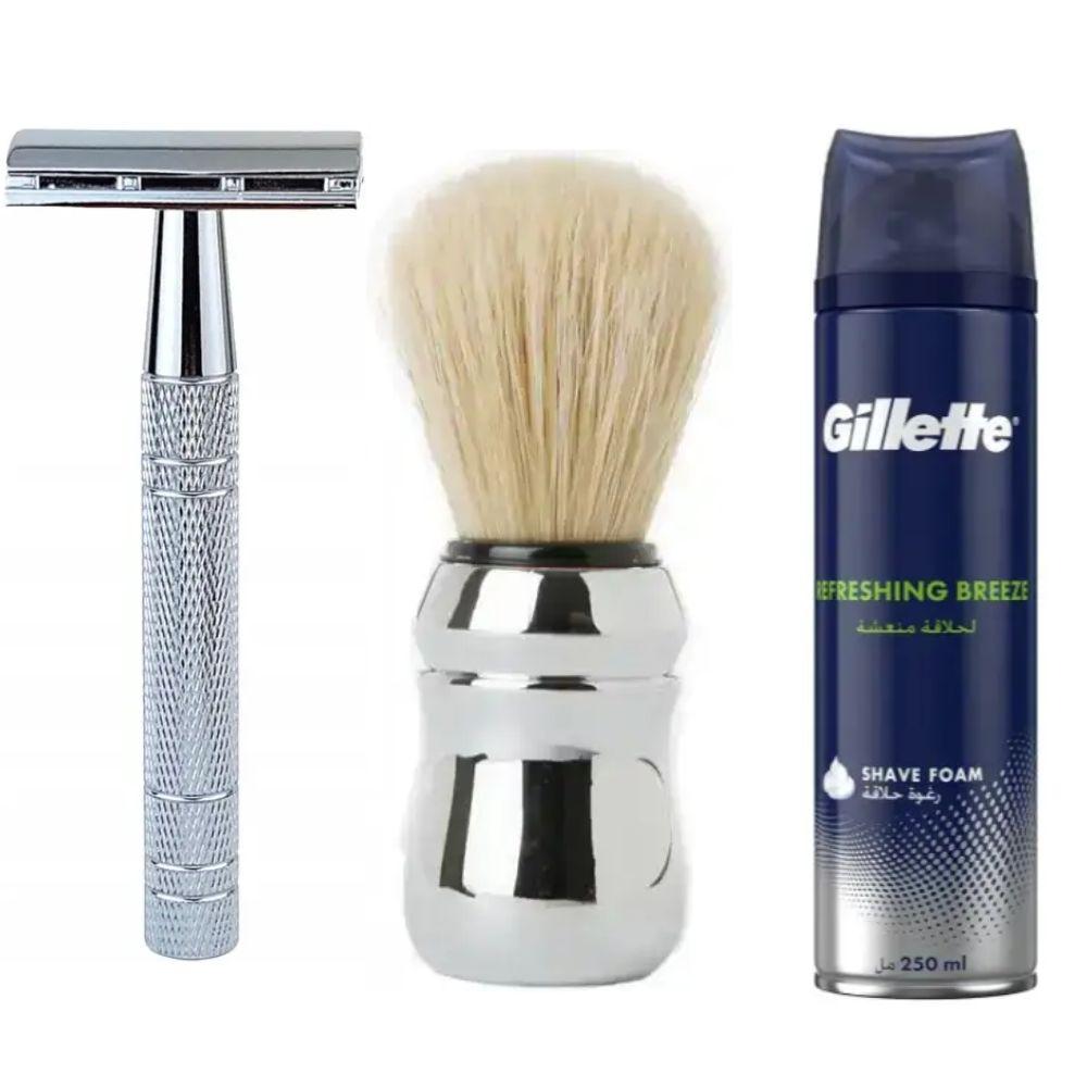 Класична Т-подібна бритва+10 лез + помазок Proraso професійний + піна для гоління Gillette Refreshing Breeze 250 мл, фото 1