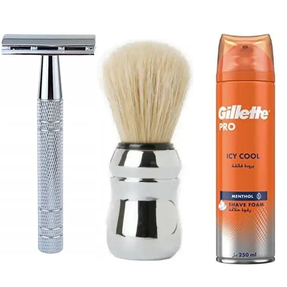 Класична Т-подібна бритва+10 лез + помазок Proraso професійний + піна для гоління Gillette Pro Icy Cool з ментолом, фото 1