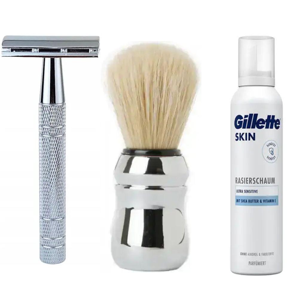 Класична Т-подібна бритва+10 лез + помазок Proraso + піна для гоління Gillette Skin Ultra Sensitive для надчутливої шкіри, фото 1