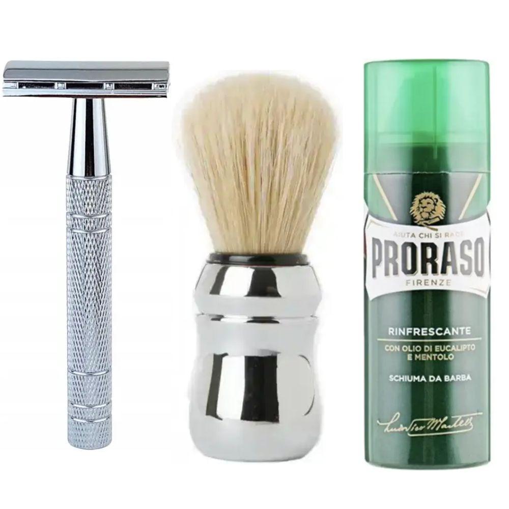 Класична Т-подібна бритва+10 лез + помазок Proraso професійний + піна для гоління Proraso тонізуюча з евкаліптом і ментолом 100 мл, фото 1