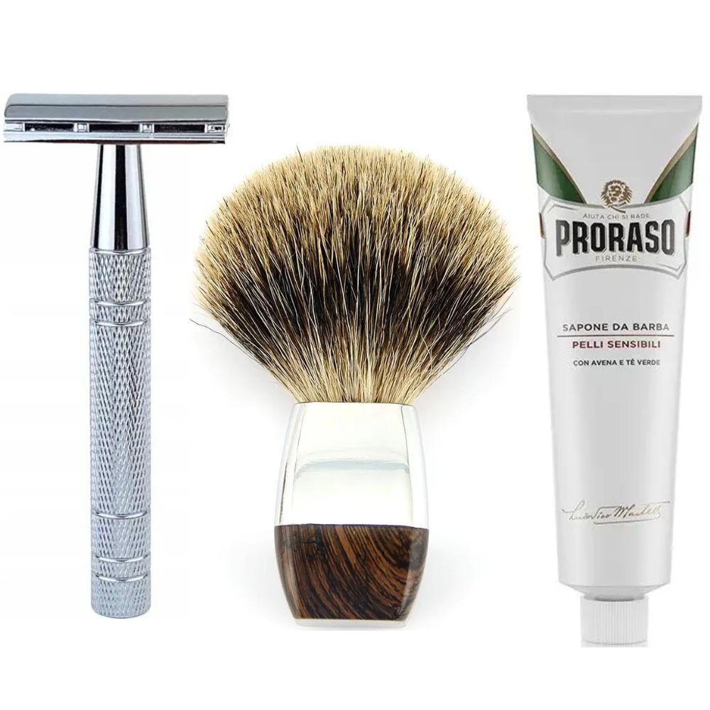 Класична Т-подібна бритва+10 лез + помазок борсук + крем для гоління Proraso для чутливої шкіри з екстрактом зеленого чаю 150 мл, фото 1