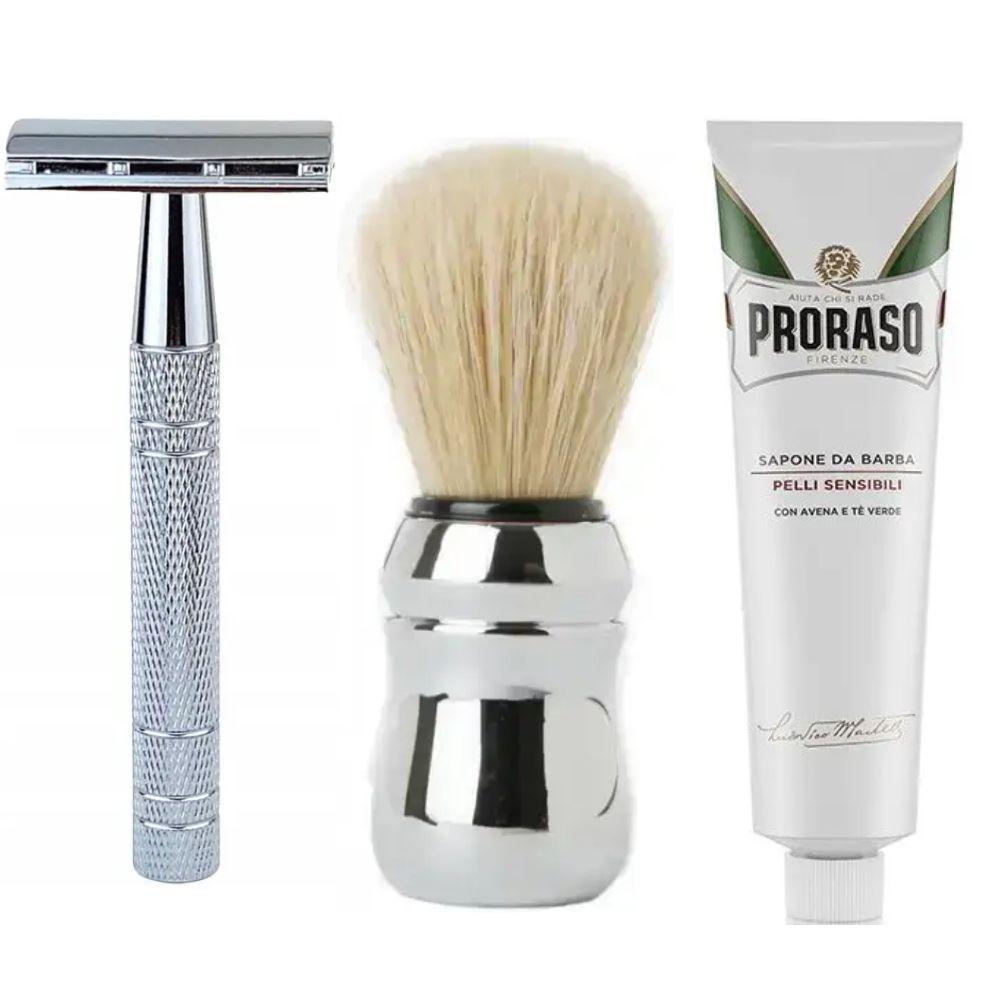 Класична Т-подібна бритва+10 лез + помазок Proraso + крем для гоління Proraso для чутливої шкіри з екстрактом зеленого чаю 150 мл, фото 1
