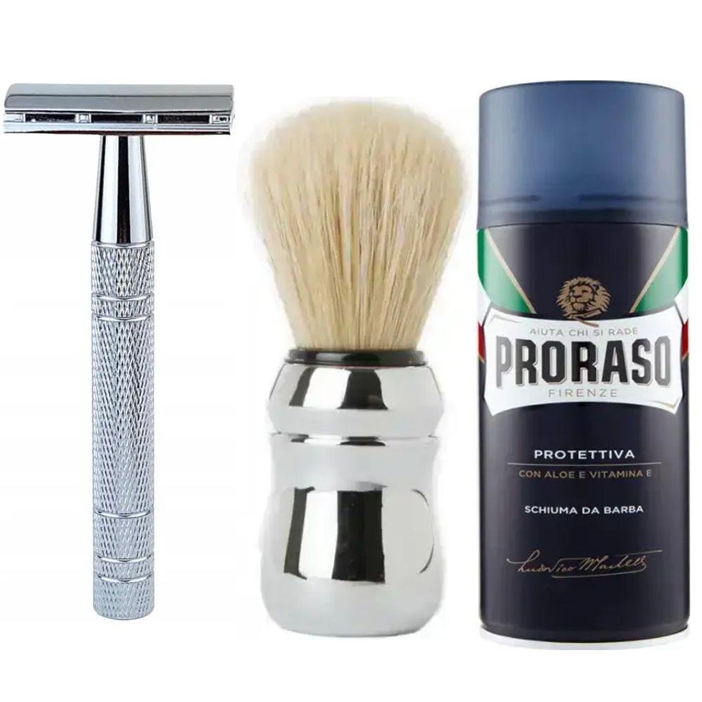 Класична Т-подібна бритва+10 лез + помазок Proraso професійний + піна для гоління Proraso з екстрактом алое та вітаміном Е 400 мл, фото 1