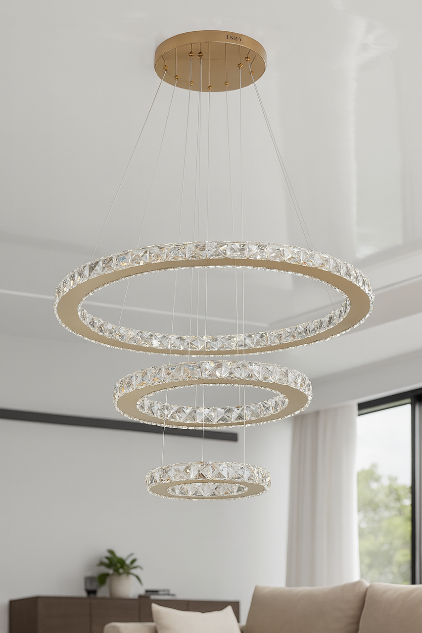 Золота кришталева люстра ЛЕД Diasha 80W до 18 м² колір Золотистий 7201W/650+450+250G, фото 1