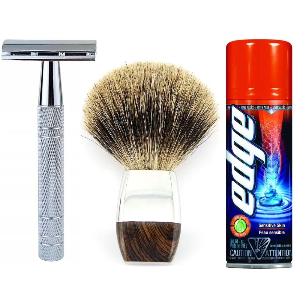 Класична Т-подібна бритва+10 лез + помазок для гоління з борсучим ворсом + гель для гоління Wilkinson Sword EDGE Sensitive, фото 1