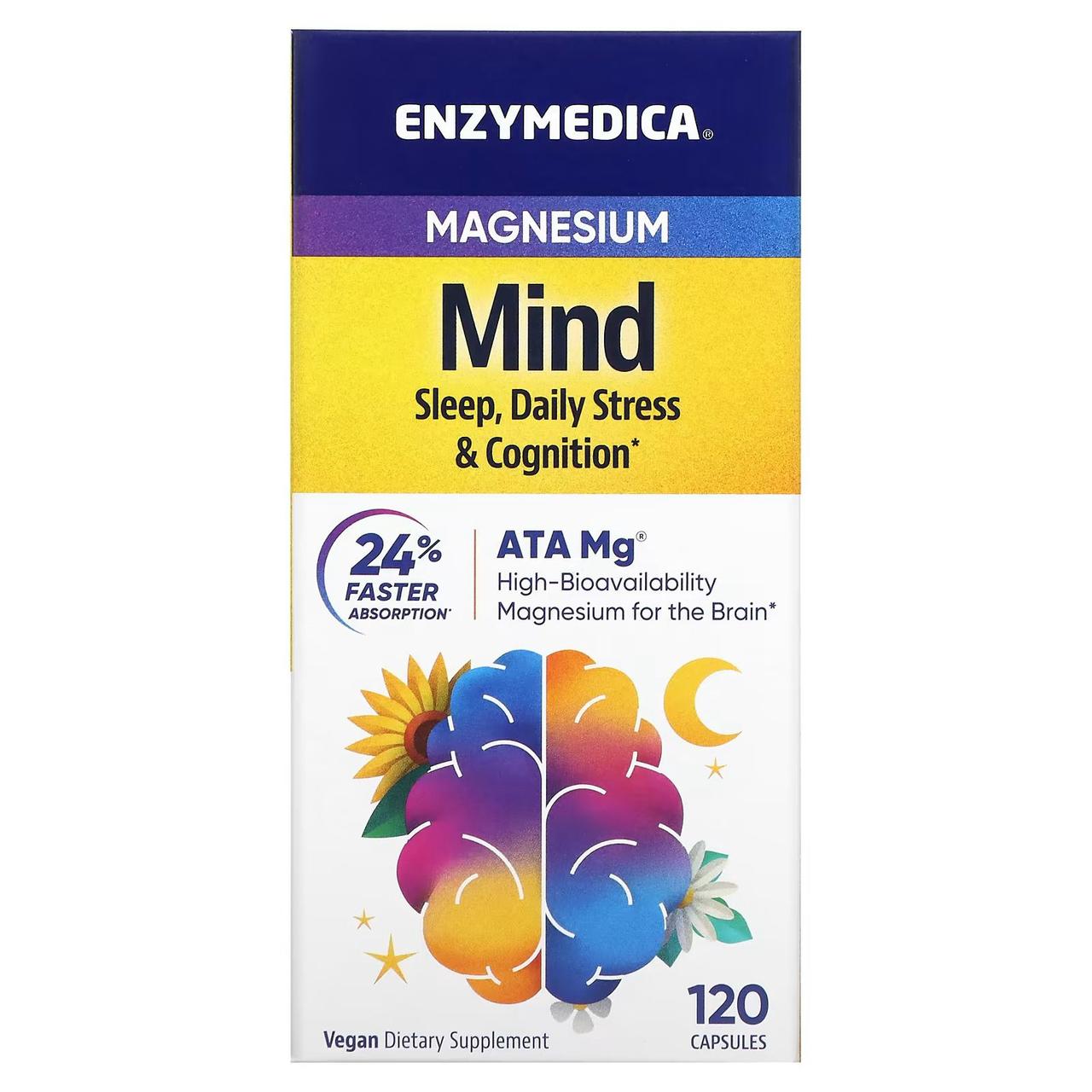 Магній, для сну, протидії стресу та підтримки когнітивних функцій, Magnesium Mind, Enzymedica, 120 капсул, фото 1