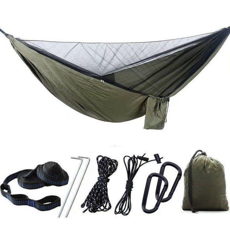 Туристичний підвісний гамак з москітною сіткою та тентом, Хакі (270×150 см) – легкий, міцний, для відпочинку на природі